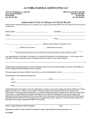 Authorization Form for Release of Clinical Record