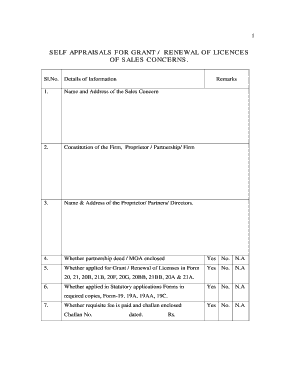 Self Appraisal for Grant Renewal of Licenses of Sales Concerns
