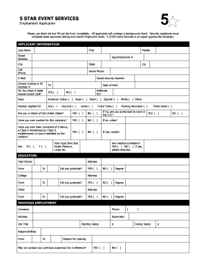 5 Star Event Services Employment Application