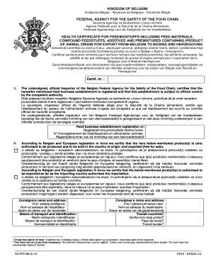 Belgian Health Certificate for Animal Feed Export