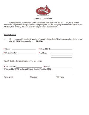 US Cuba Travel Affidavit and Reservation Form