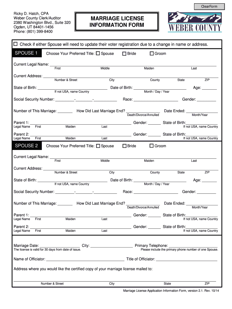 Marriage License Application - Weber County Preview on Page 1