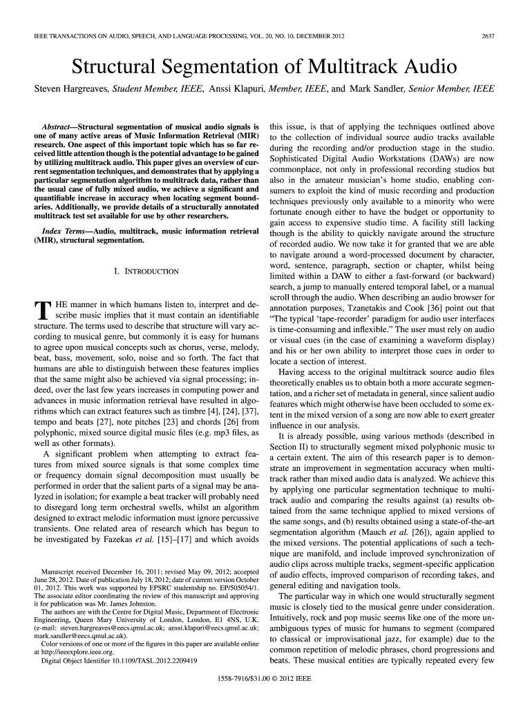 Fillable Online cs tut Structural Segmentation of Multitrack Audio cs