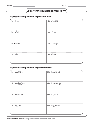 Logarithmic and Exponential Form Worksheet