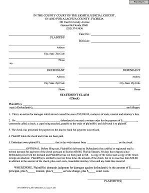 Florida Statement of Claim for Check