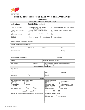 School Readiness Child Care Provider Application