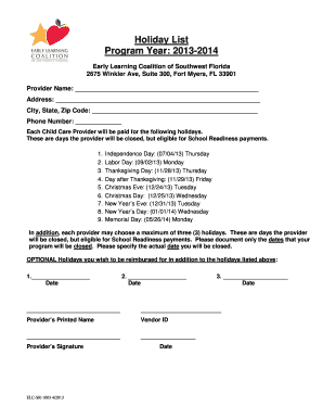 Early Learning Coalition Holiday List Form