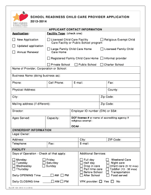 School Readiness Child Care Provider Application
