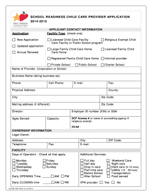 School Readiness Child Care Provider Application