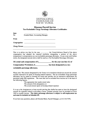 Tax-Excludable Clergy Parsonage Allowance Certification