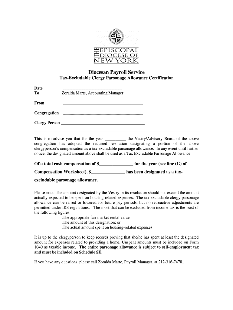 Fillable Online TaxExcludable Clergy Parsonage Allowance Certification Fax Email Print pdfFiller