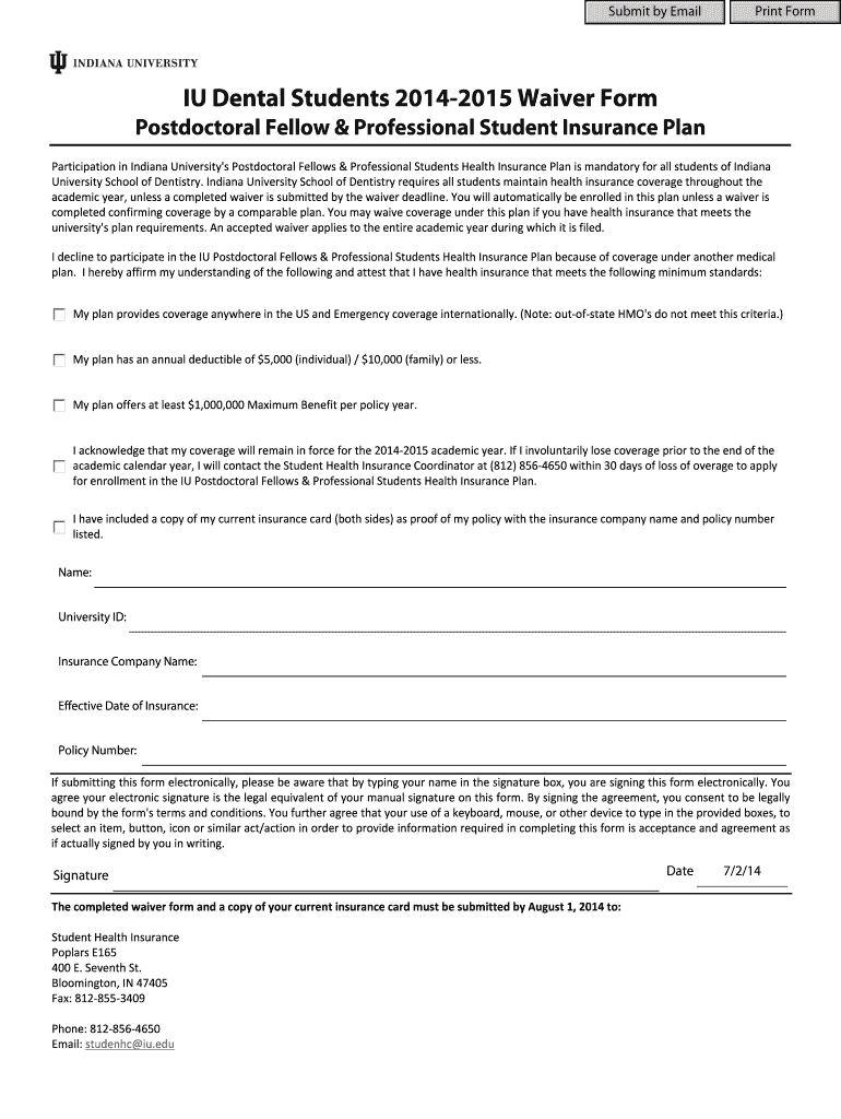 Fillable Online hr iu School of Dentistry Waiver Form Indiana