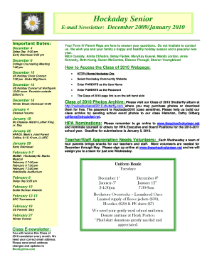 Hockaday Senior E-mail Newsletter: December 2009/January 2010 Important Dates: December 8 Your Form IV Parent Reps are here to answer your questions - hockaday