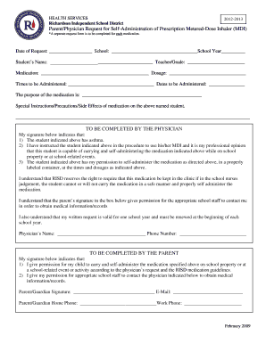 Parent/Physician Request for Self-Administration of Prescription Metered-Dose Inhaler