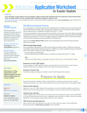 CUNY Transfer Student Admission Application Worksheet