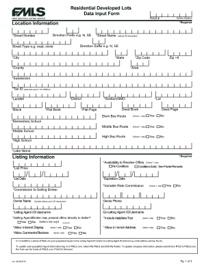 Residential Developed Lots Data Input Form
