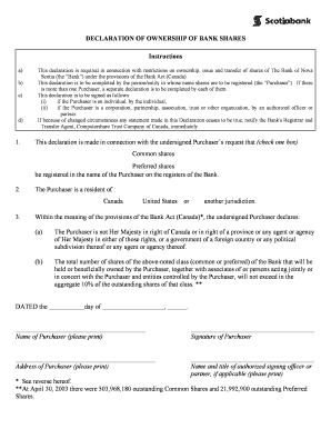 Declaration of Ownership of Bank Shares