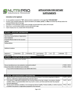 Dietary Supplement Insurance Application