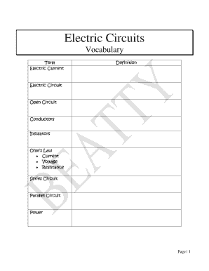 Electric Circuits Vocabulary Worksheet