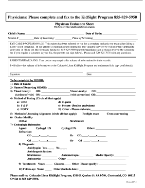 Physician Evaluation Sheet for Pediatric Eye Exam