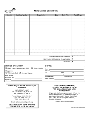 Girl Scouts of Utah Merchandise Order Form