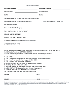 Pre-Listing Short Sale Checklist