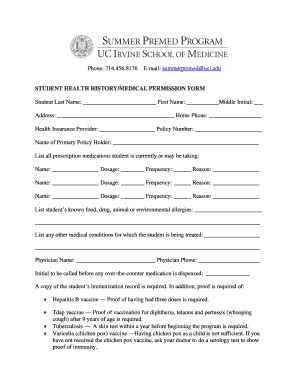 Student Health History Medical Permission Form