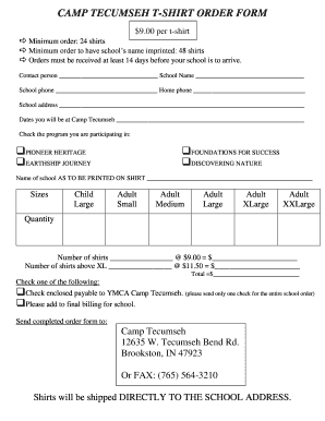 Camp Tecumseh T-Shirt Order Form