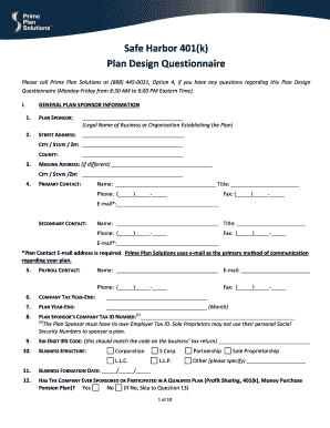 Safe Harbor 401(k) Plan Design Questionnaire