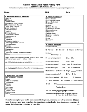 Hawkeye Community College Student Health Clinic Health History Form