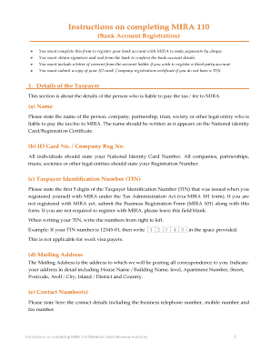 MIRA 110 Bank Account Registration Form
