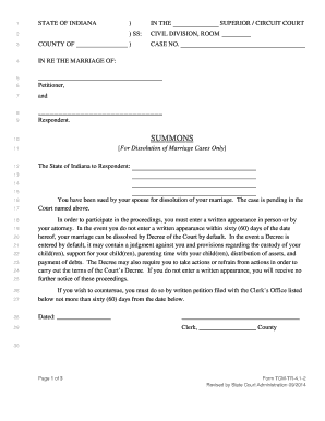 Indiana Summons for Dissolution of Marriage
