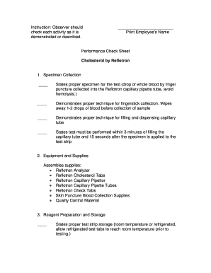 Performance Check Sheet for Cholesterol Test