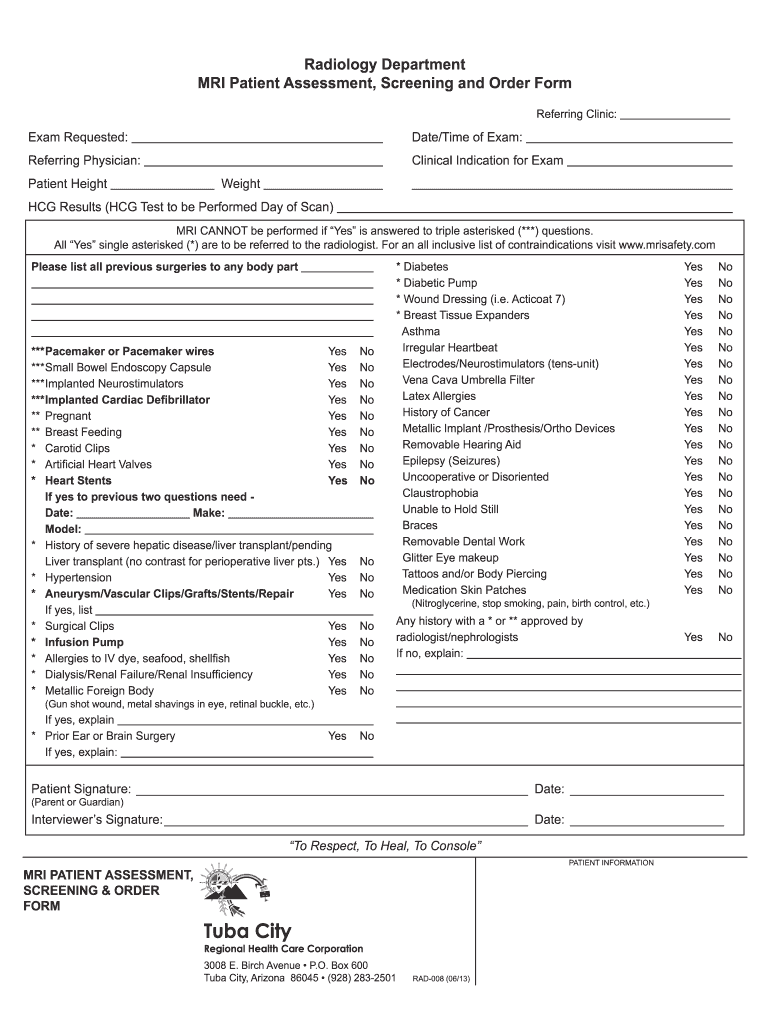 mri screening form Preview on Page 1.