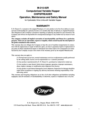 M-215-02R Computerized Variable Hopper CHIPSPREADER Operation, Maintenance and Safety Manual for Hydrostatic Drive Units with Variable Hopper WARRANTY E