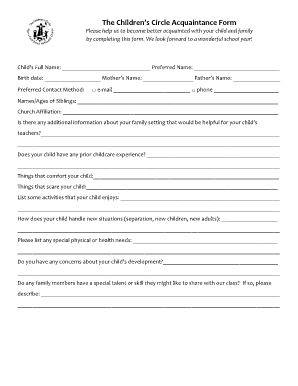 The Children's Circle Acquaintance Form