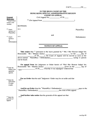 Hong Kong Court of Appeal Notice of Appeal