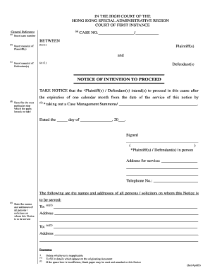 Hong Kong Notice of Intention to Proceed