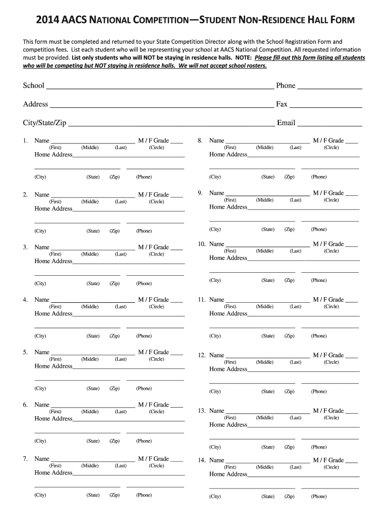 Fillable Online aacs 2014aacsnational competition student non-residence ...