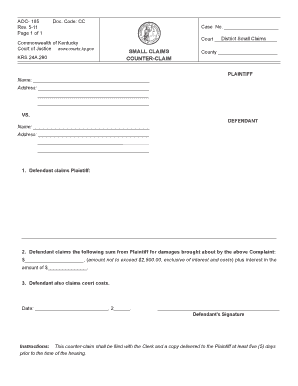 Kentucky Small Claims Counter-Claim Form