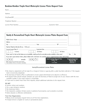 Purple Heart Motorcycle License Plates Request Form