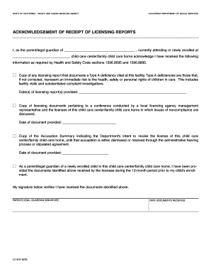 California Child Care Licensing Report Acknowledgment