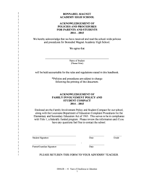 Bonnabel Magnet Academy High School Policies and Procedures Acknowledgment