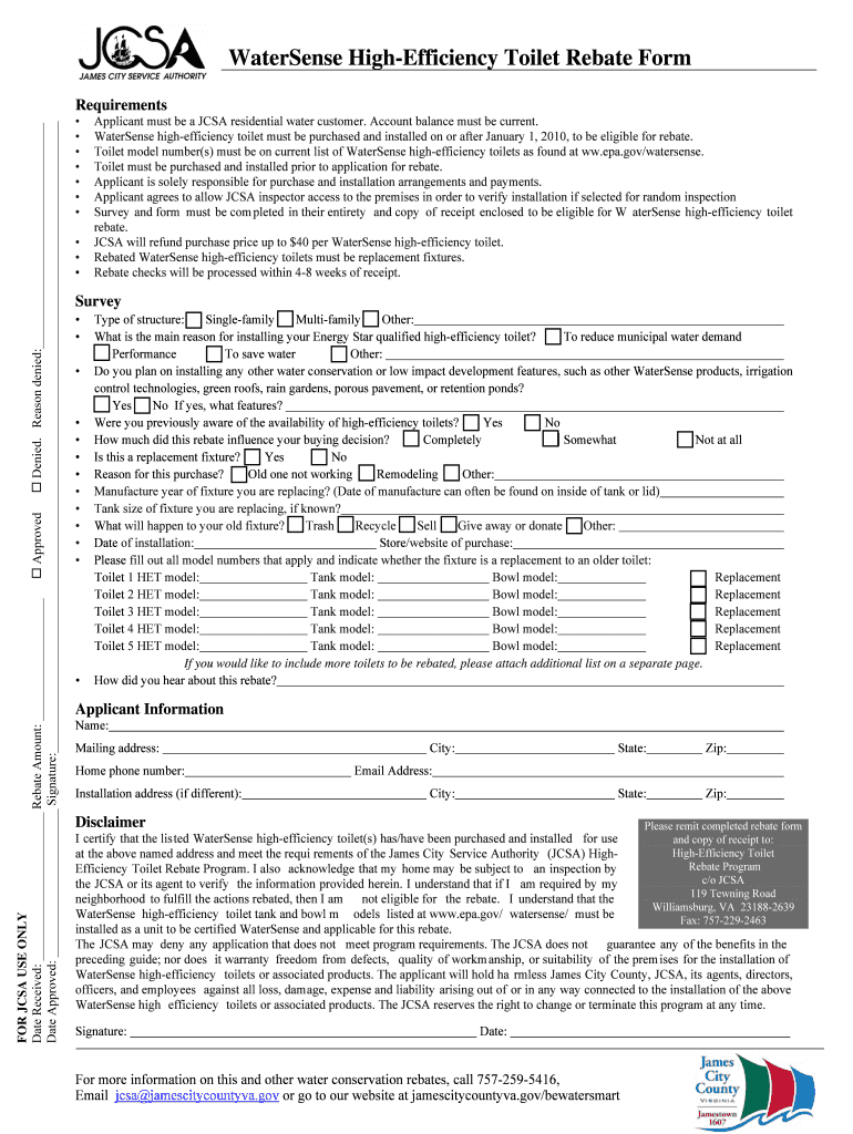 Fillable Online Jamescitycountyva WaterSense High Efficiency Toilet 