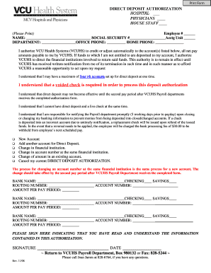 VCU Health Direct Deposit Authorization Form
