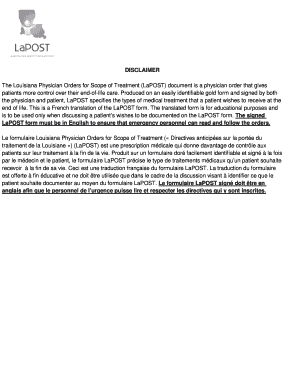 Formulaire Louisiana Physician Orders for Scope of Treatment (LaPOST)