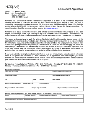 Nor-Lake Employment Application Form