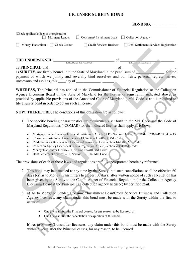 Fillable Online Maryland Collection Agency Bond Form Integrity Surety