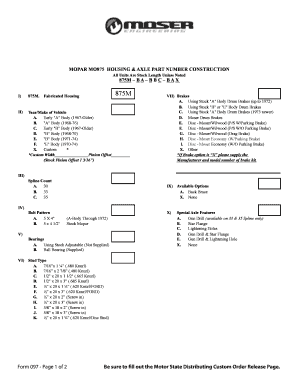 MOPAR MO875 Housing & Axle Custom Order Form