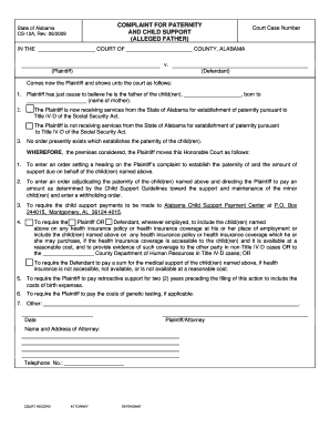 Alabama Paternity and Child Support Complaint